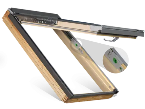 Click Here To Enlarge This Photo Of FAKRO FPP-V P2 02 55cm x 98cm Safety Double Glazed Top Hung and Pivot Dual Function Roof Windows in Natural Pine - 875B02