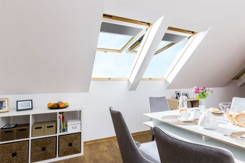 Click Here To Enlarge This Photo Of FAKRO FPU-V P2 02 55cm x 98cm Safety Double Glazed Top Hung and Pivot Dual Function Roof Windows in White Polyurethane - 873J02