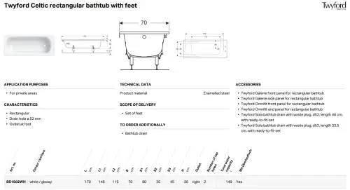 Click Here To Enlarge This Photo Of Twyford Celtic Plain Bath 1700 With Leg Set (No Grips) BL1502WH